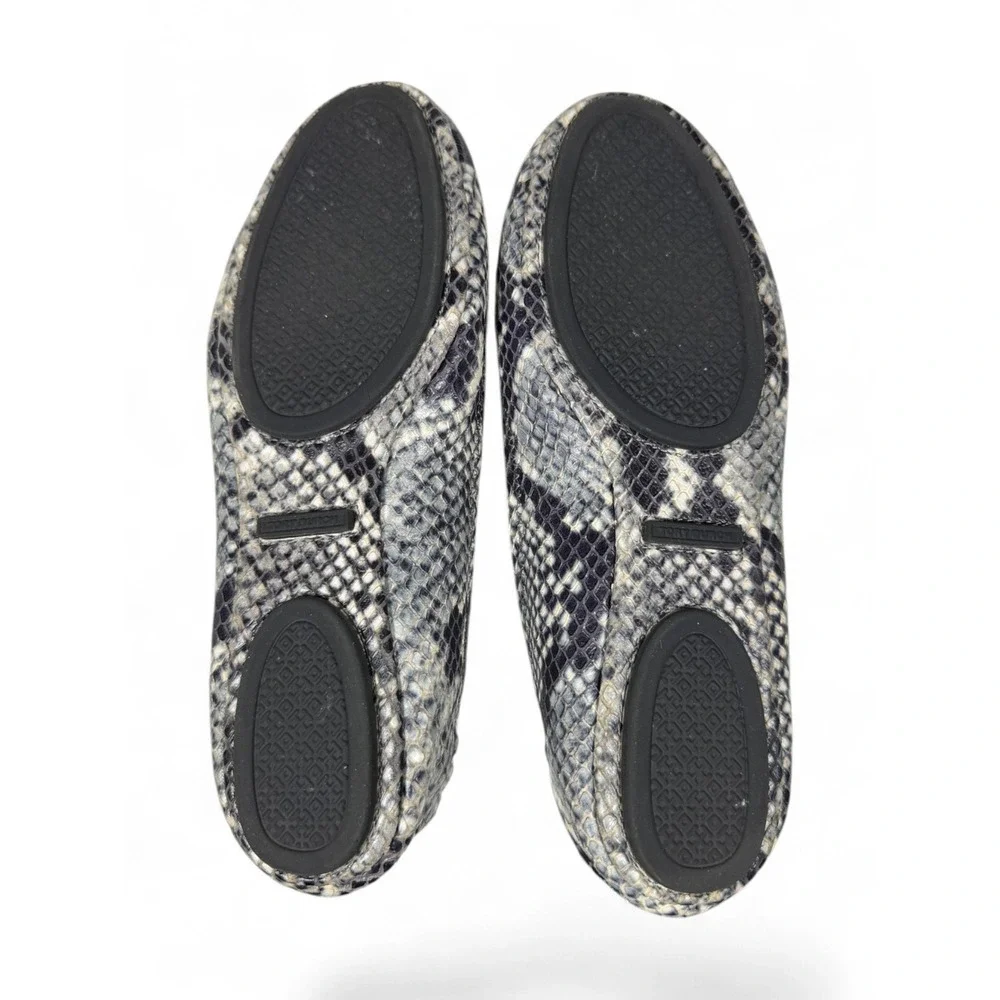 Tory Burch Reva Snakeskin Embossed Leather Ballet Flats Grey Black Logo Flat